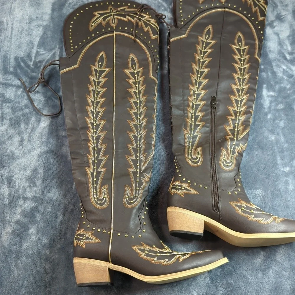 Women Thigh High Over the Knee Boot Size 10 Side Zipper Embroidery Cowgirl Boot